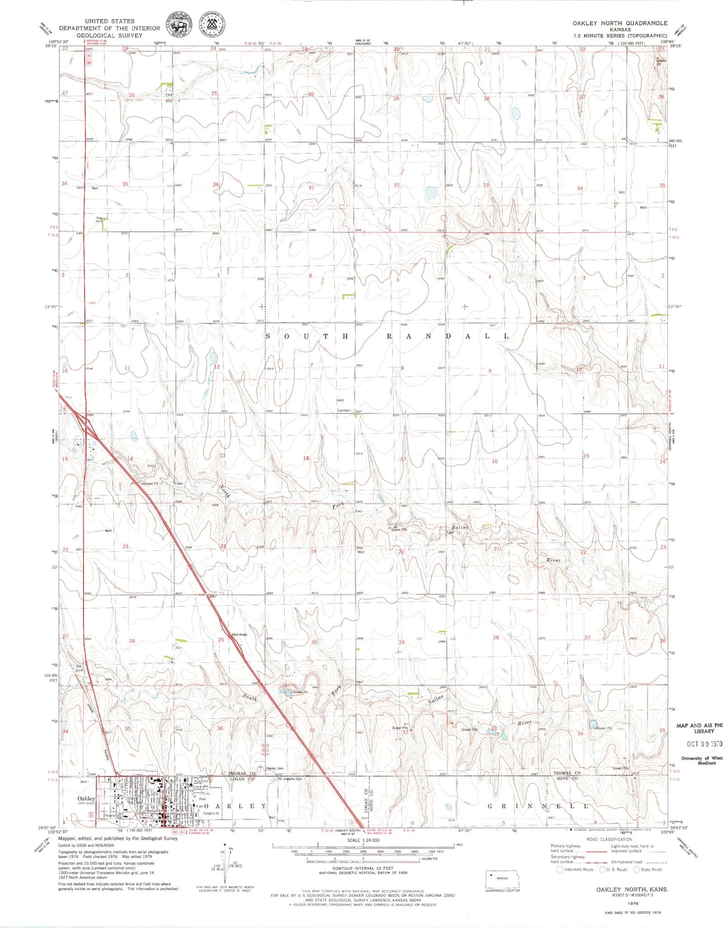 Classic USGS Oakley North Kansas 7.5'x7.5' Topo Map Image