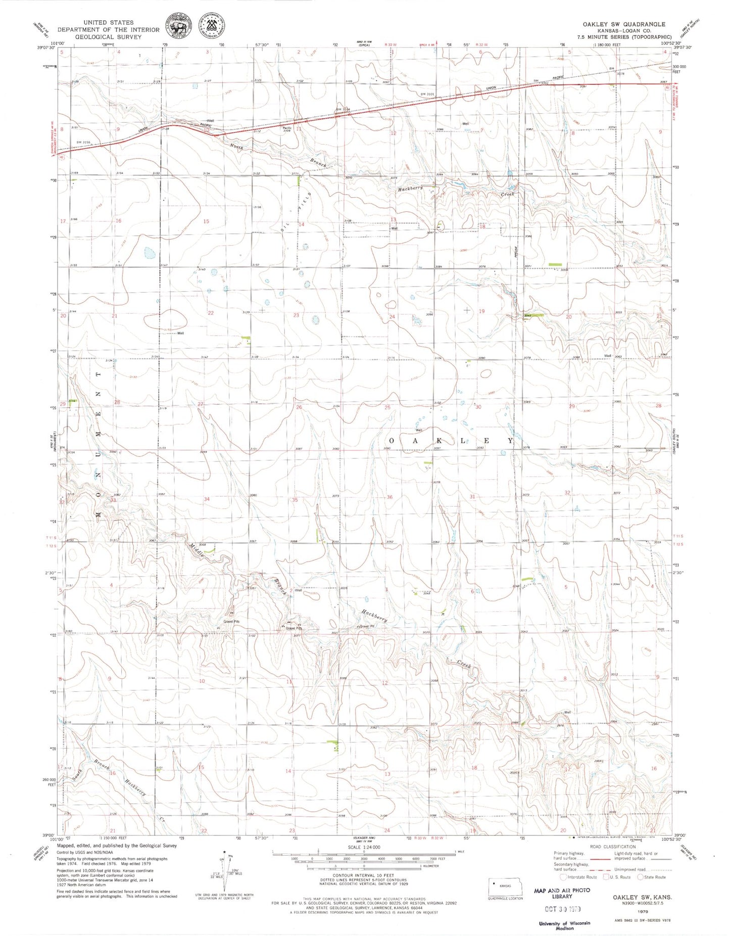 Classic USGS Oakley SW Kansas 7.5'x7.5' Topo Map Image