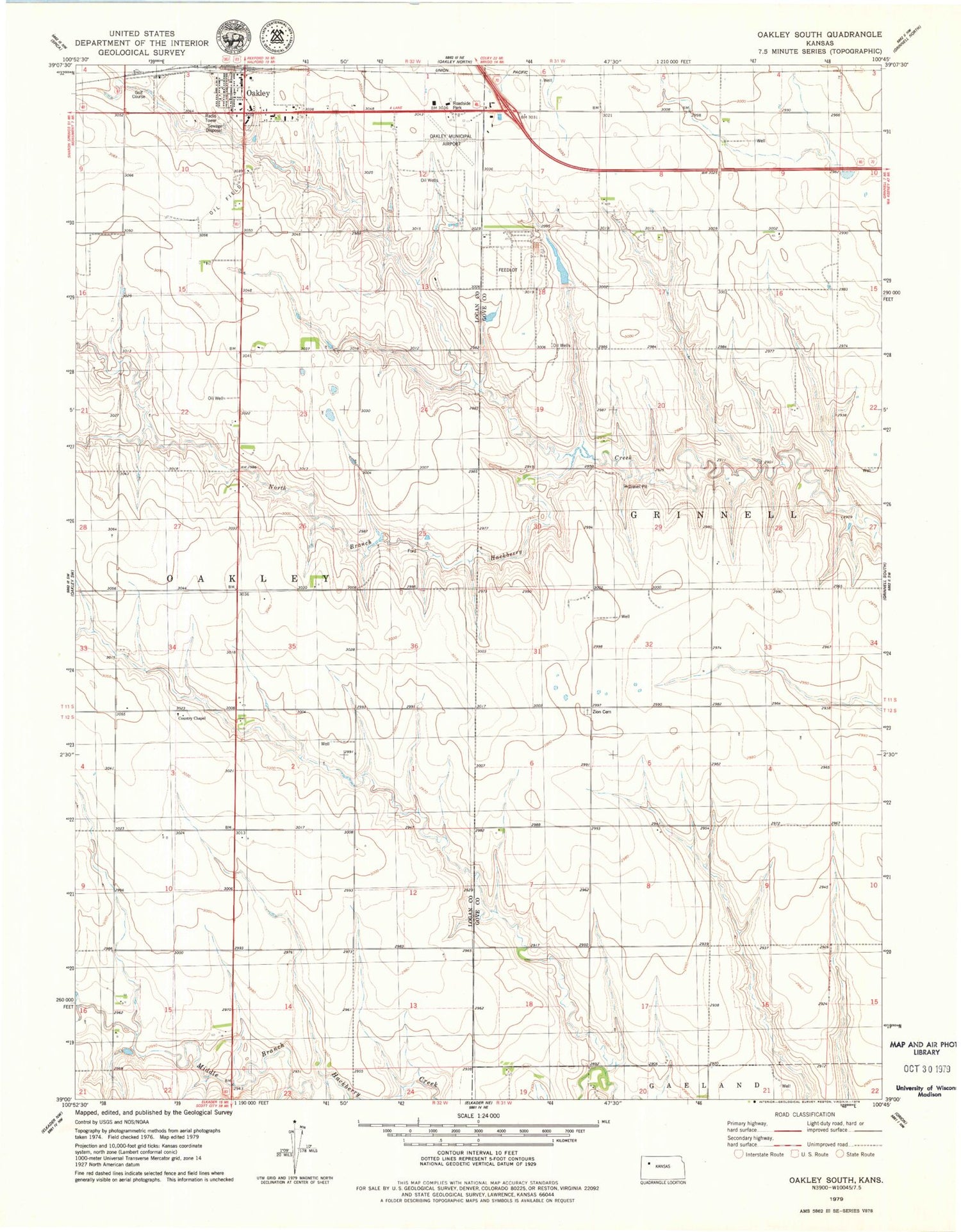 Classic USGS Oakley South Kansas 7.5'x7.5' Topo Map Image