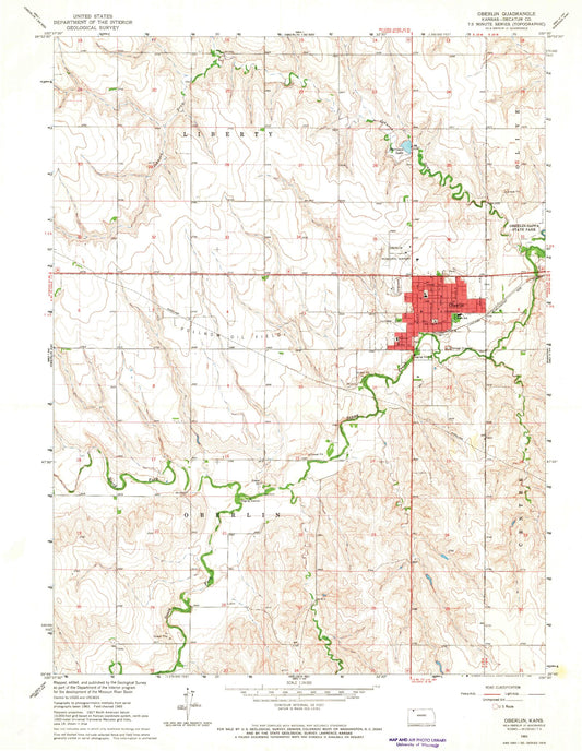 Classic USGS Oberlin Kansas 7.5'x7.5' Topo Map Image