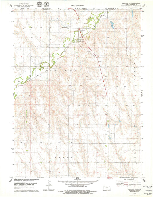 Classic USGS Oberlin NE Kansas 7.5'x7.5' Topo Map Image