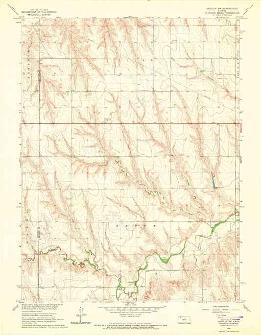 Classic USGS Oberlin SW Kansas 7.5'x7.5' Topo Map Image