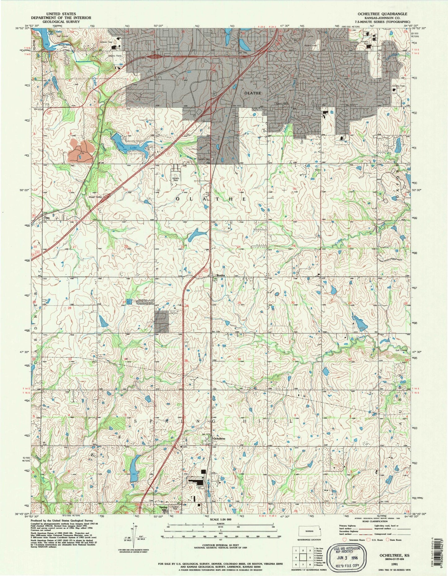 Classic USGS Ocheltree Kansas 7.5'x7.5' Topo Map Image
