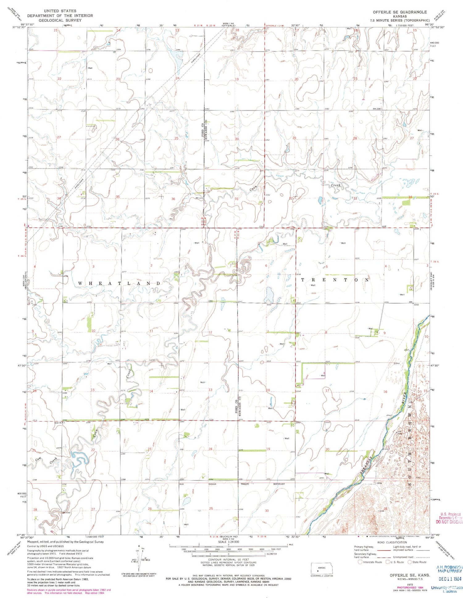 Classic USGS Offerle SE Kansas 7.5'x7.5' Topo Map Image