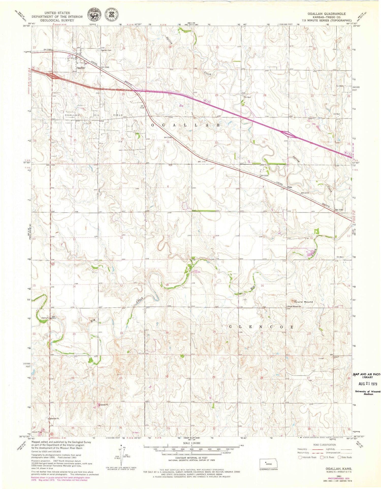 Classic USGS Ogallah Kansas 7.5'x7.5' Topo Map Image