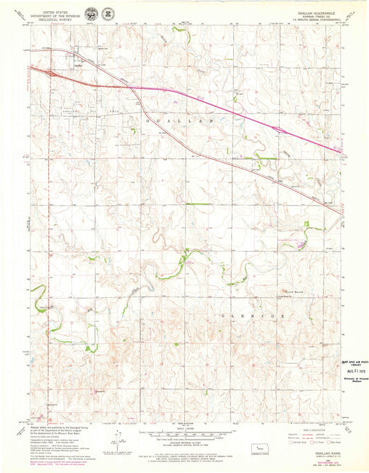 Classic USGS Ogallah Kansas 7.5'x7.5' Topo Map Image