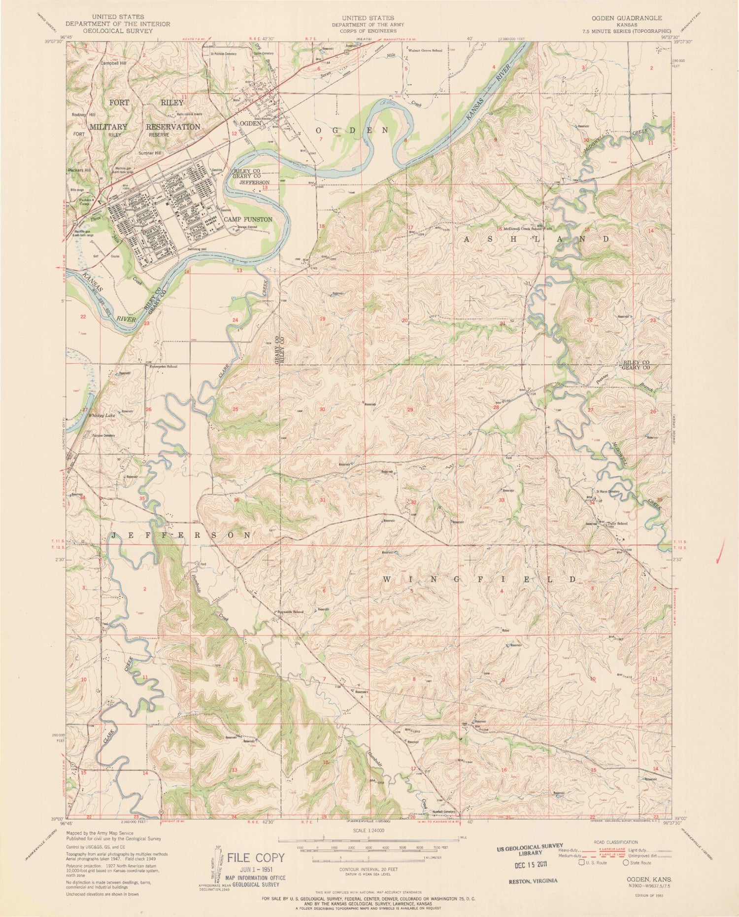 Classic USGS Ogden Kansas 7.5'x7.5' Topo Map Image
