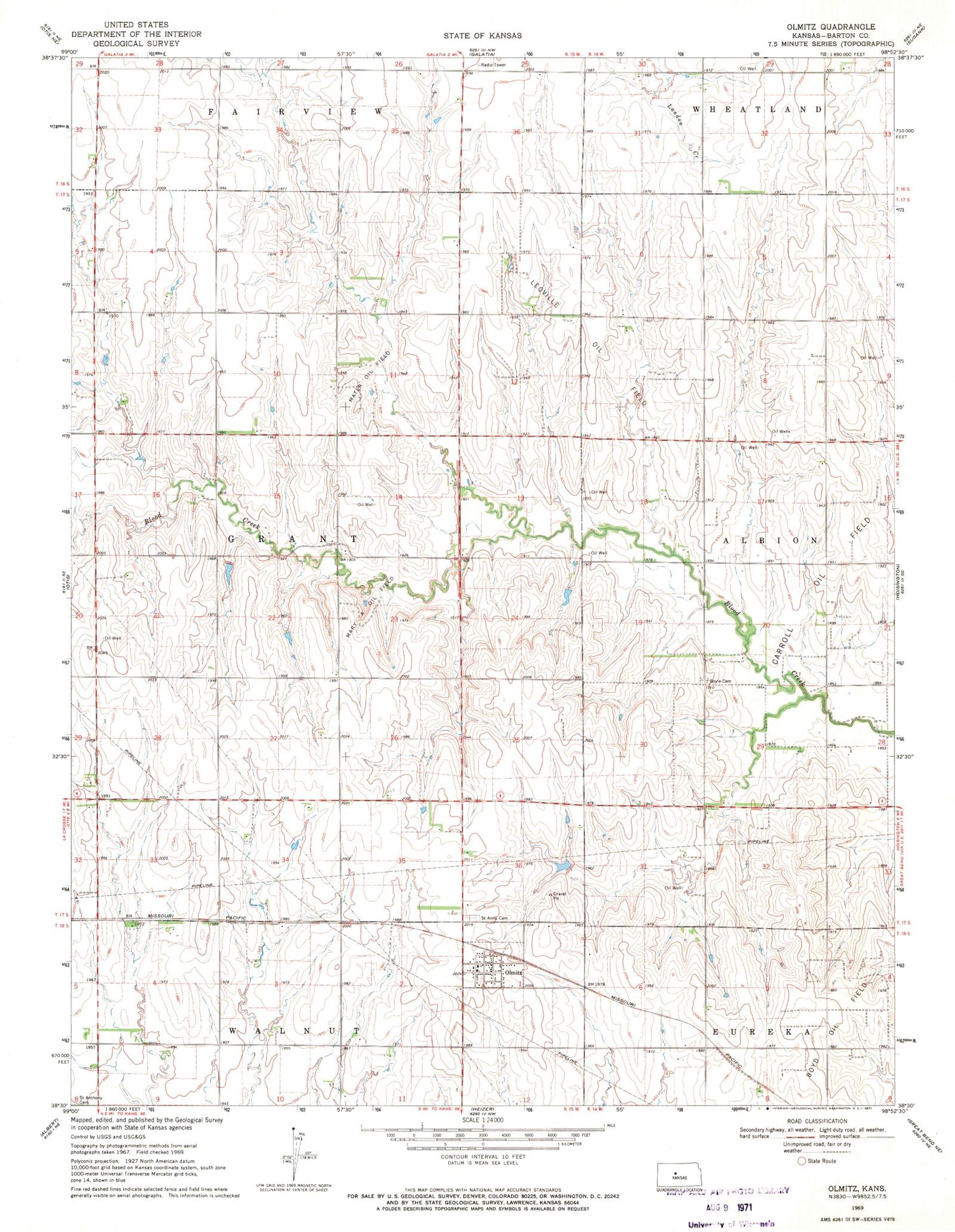 Classic USGS Olmitz Kansas 7.5'x7.5' Topo Map Image