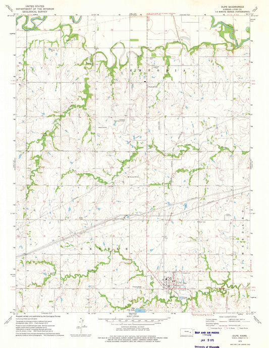 Classic USGS Olpe Kansas 7.5'x7.5' Topo Map Image