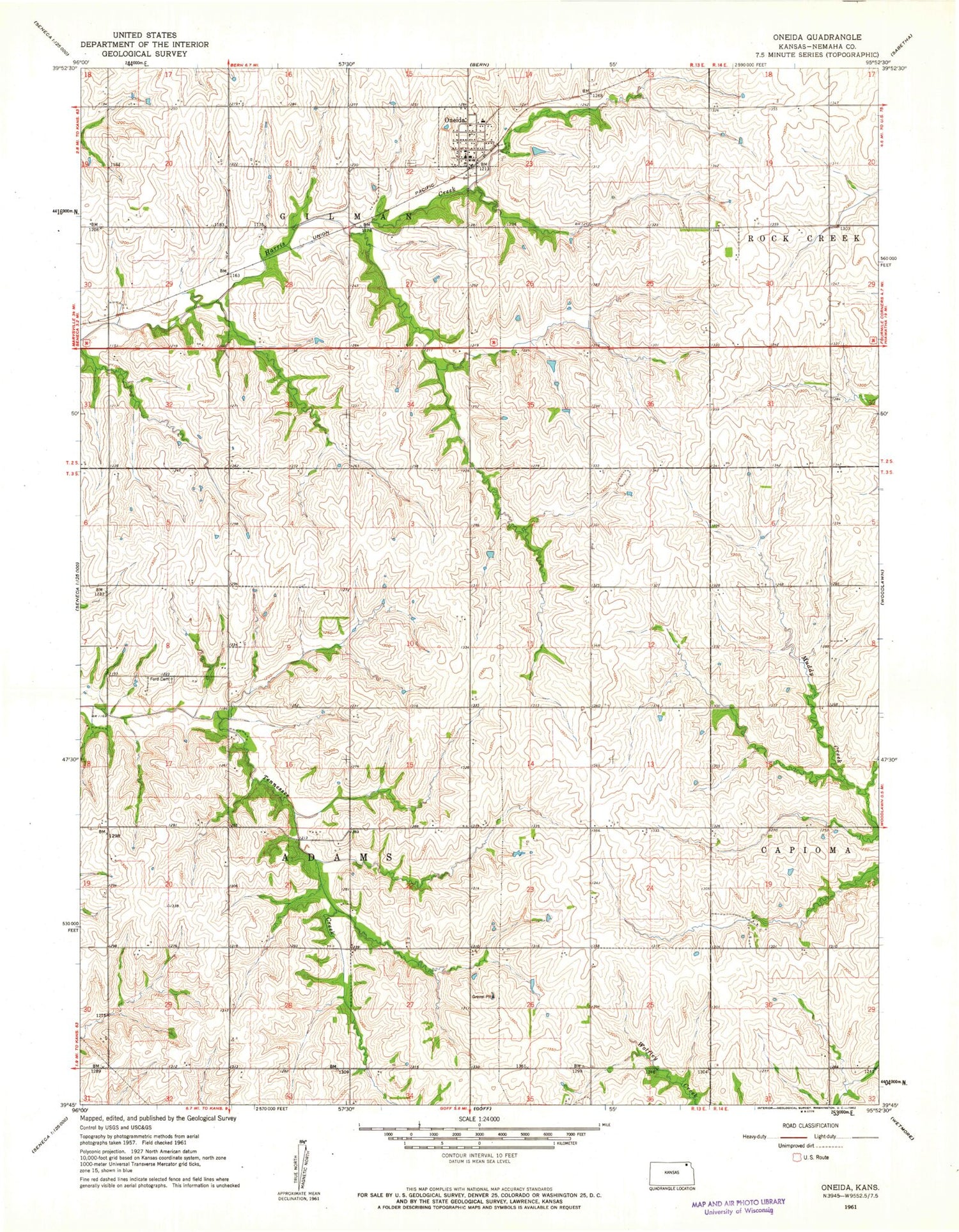 Classic USGS Oneida Kansas 7.5'x7.5' Topo Map Image