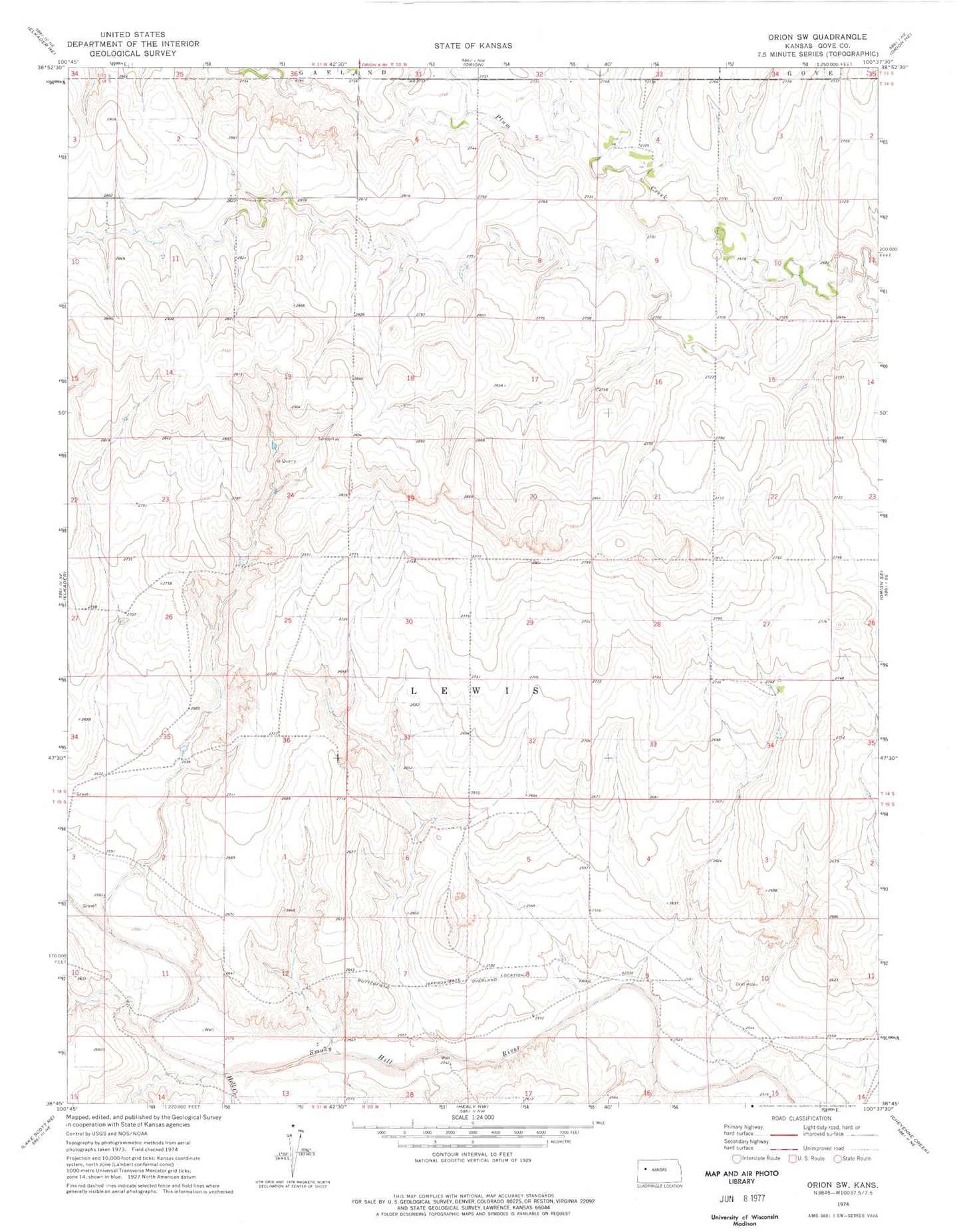 Classic USGS Orion SW Kansas 7.5'x7.5' Topo Map Image