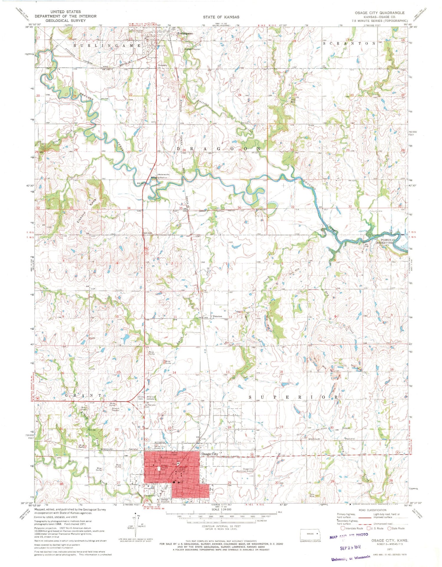Classic USGS Osage City Kansas 7.5'x7.5' Topo Map Image