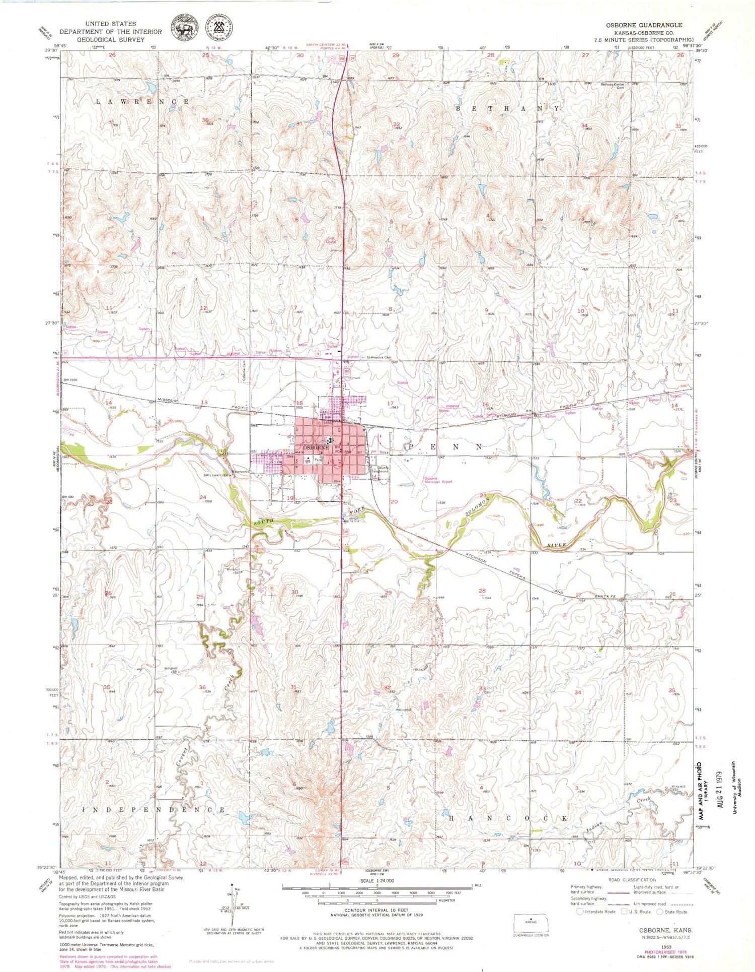 Classic USGS Osborne Kansas 7.5'x7.5' Topo Map Image