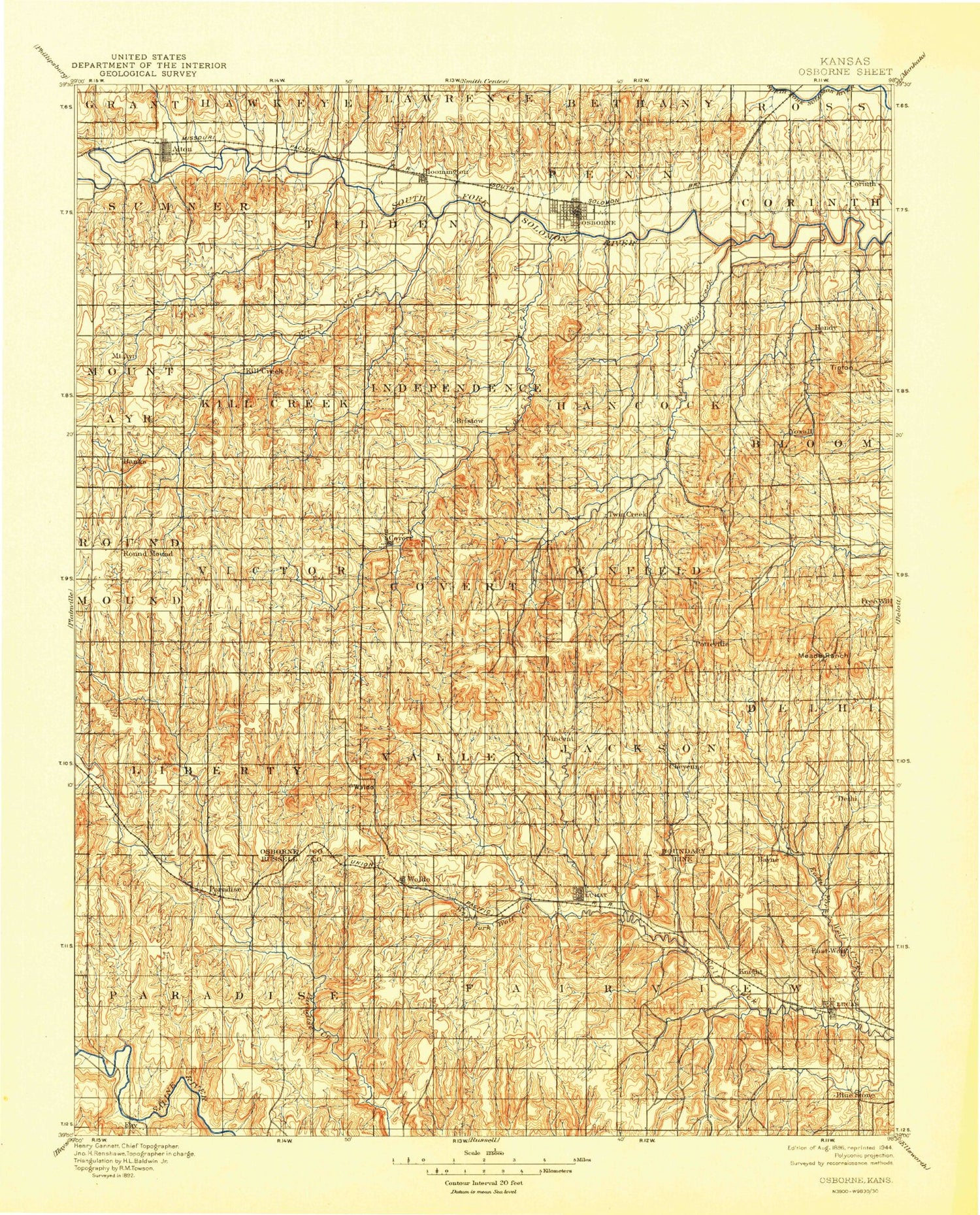Historic 1896 Osborn Kansas 30'x30' Topo Map Image