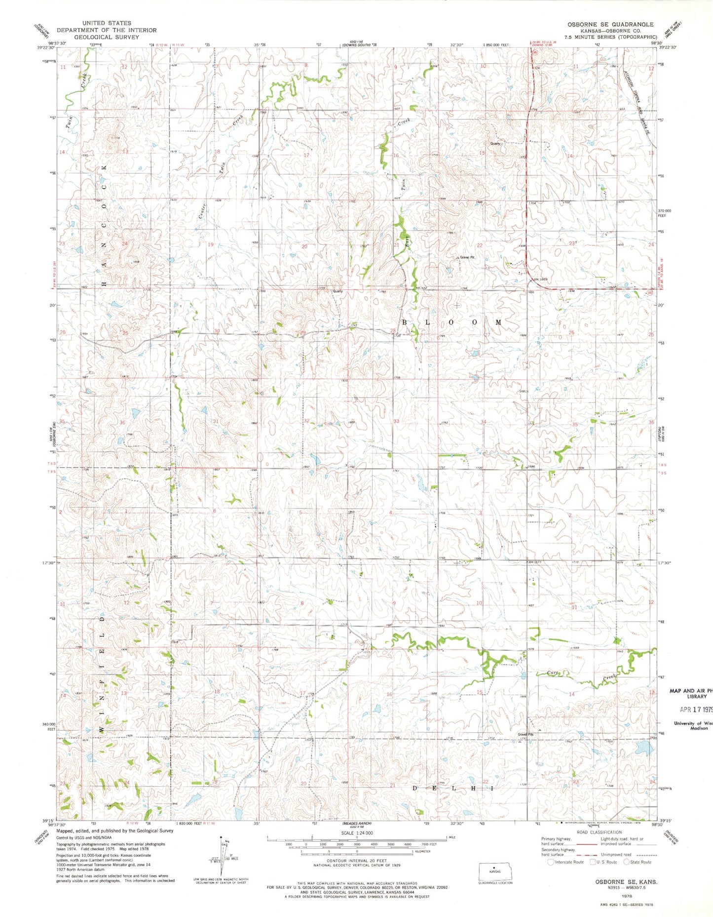 Classic USGS Osborne SE Kansas 7.5'x7.5' Topo Map Image