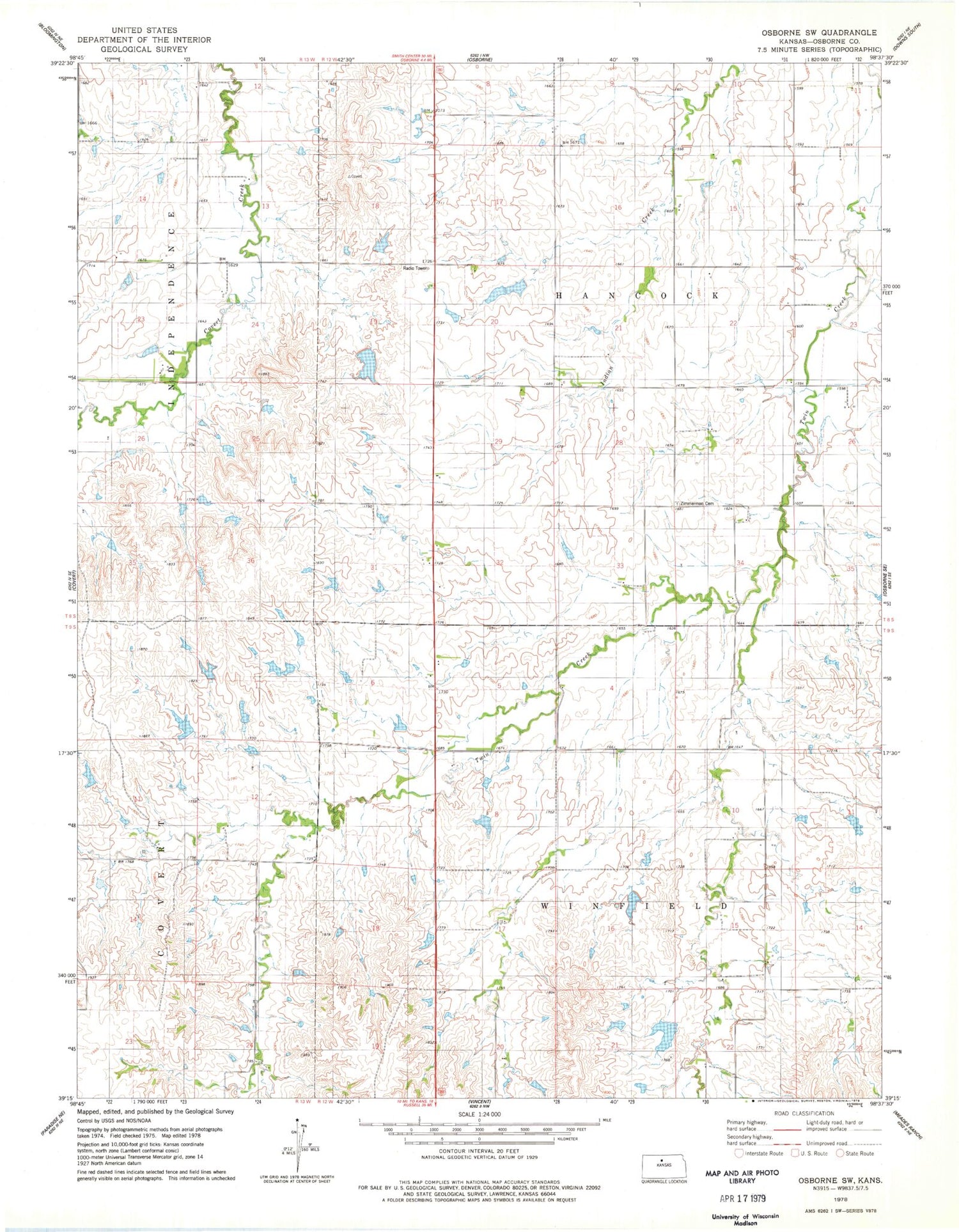 Classic USGS Osborne SW Kansas 7.5'x7.5' Topo Map Image