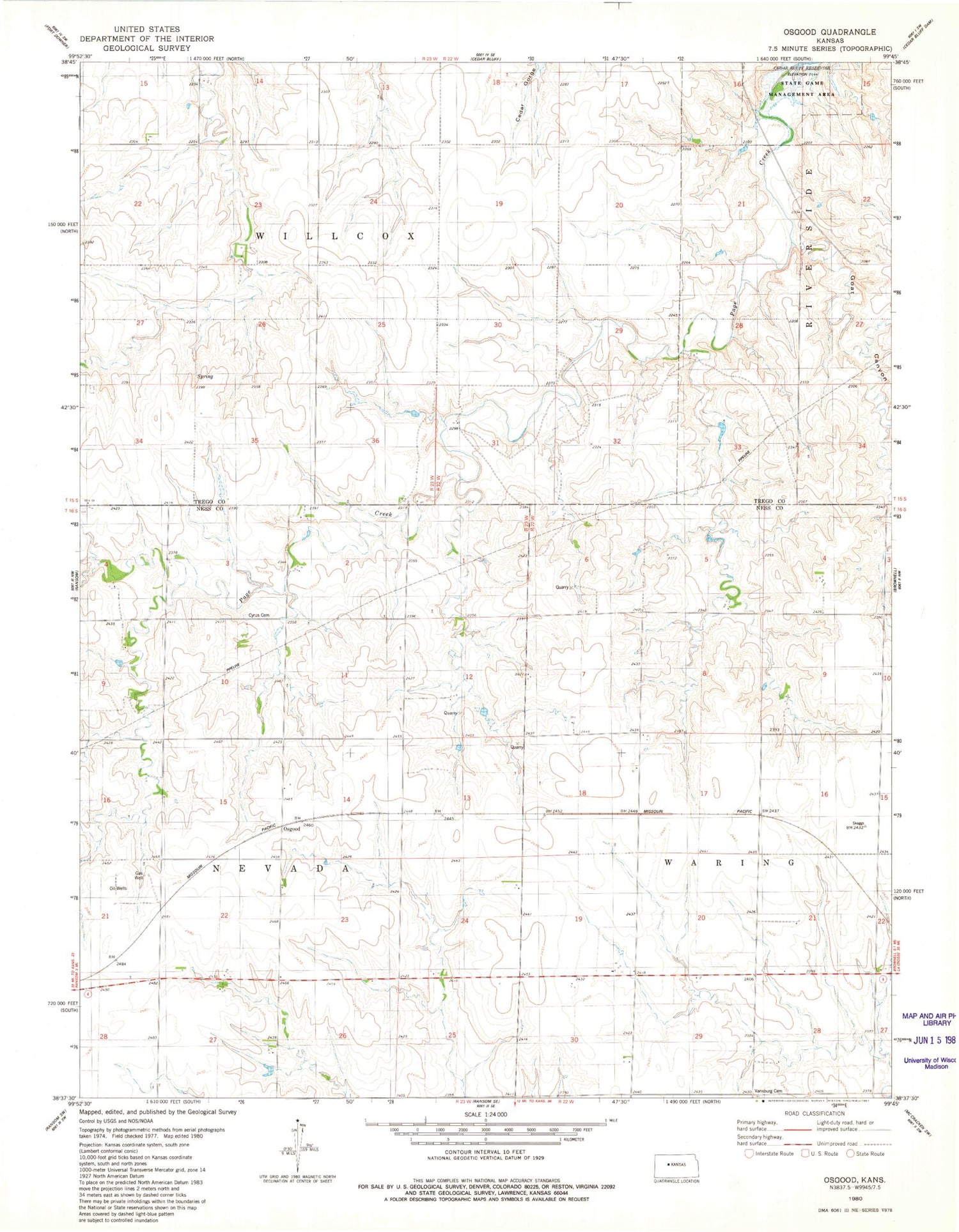 Classic USGS Osgood Kansas 7.5'x7.5' Topo Map Image