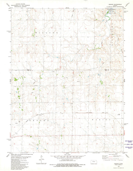 Classic USGS Osgood Kansas 7.5'x7.5' Topo Map Image