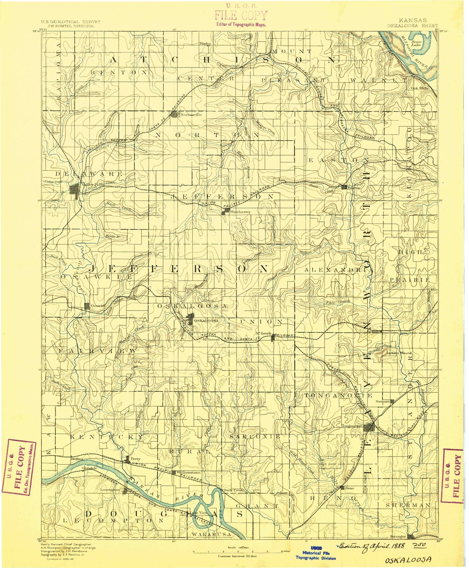 Historic 1888 Oska Loosa Kansas 30'x30' Topo Map Image