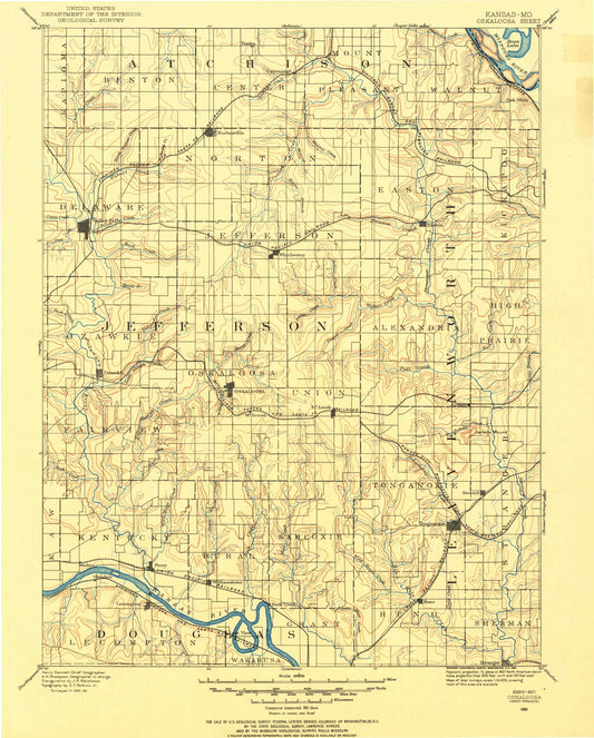 Historic 1886 Oska Loosa Kansas 30'x30' Topo Map Image