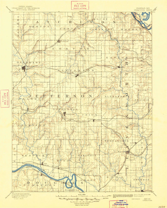 Historic 1894 Oska Loosa Kansas 30'x30' Topo Map Image