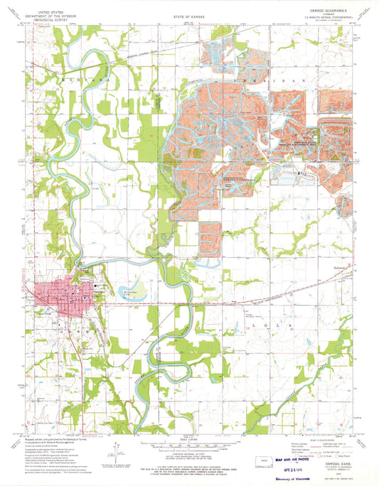 Classic USGS Oswego Kansas 7.5'x7.5' Topo Map Image