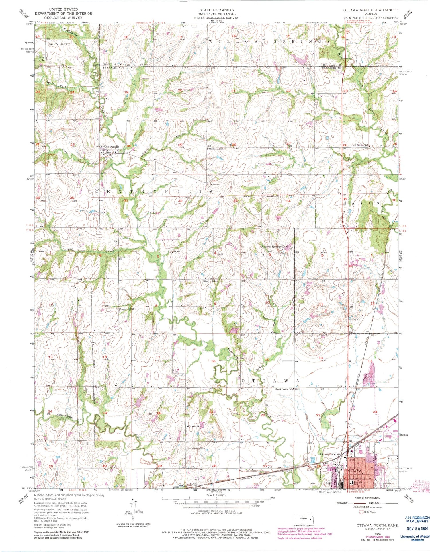 Classic USGS Ottawa North Kansas 7.5'x7.5' Topo Map Image