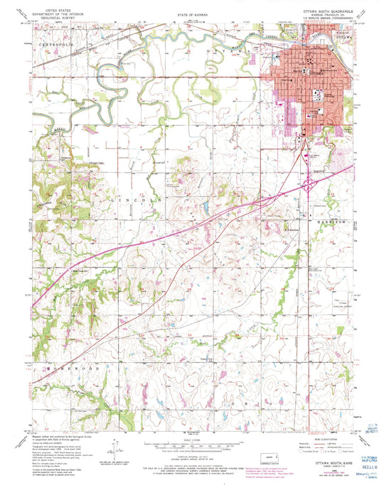 Classic USGS Ottawa South Kansas 7.5'x7.5' Topo Map Image