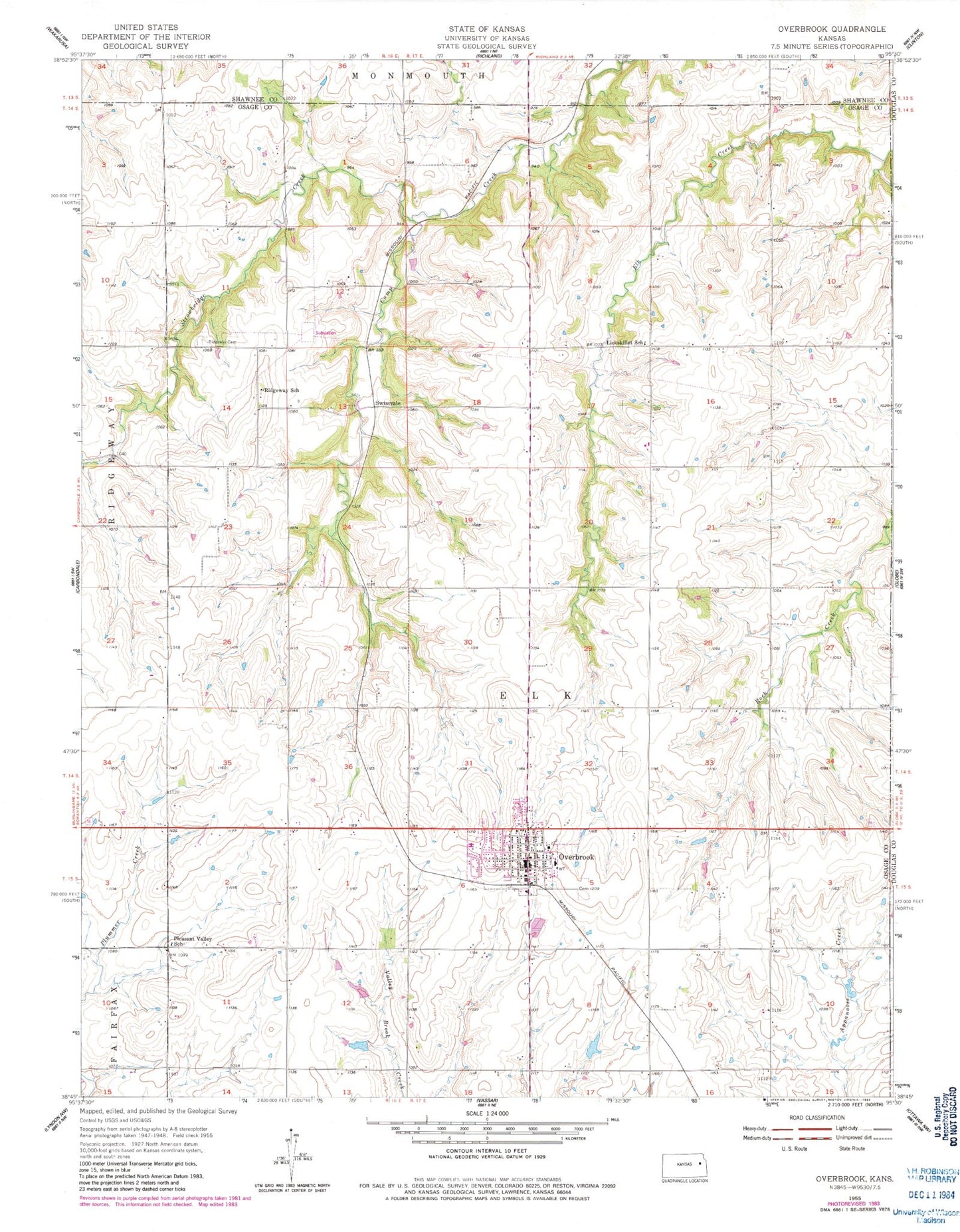 Classic USGS Overbrook Kansas 7.5'x7.5' Topo Map Image