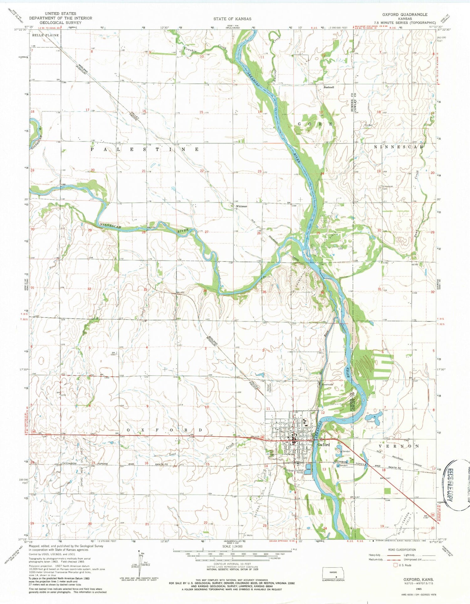 Classic USGS Oxford Kansas 7.5'x7.5' Topo Map Image