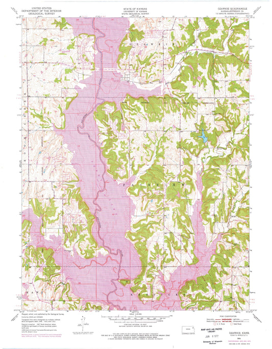 Classic USGS Ozawkie Kansas 7.5'x7.5' Topo Map Image