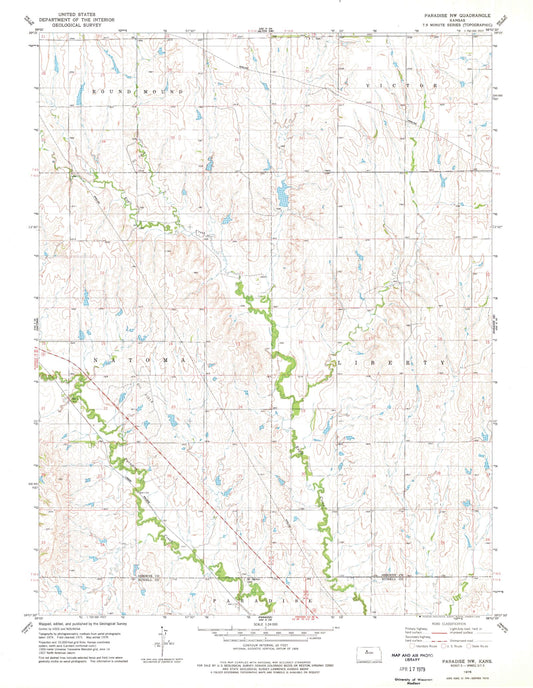 Classic USGS Paradise NW Kansas 7.5'x7.5' Topo Map Image