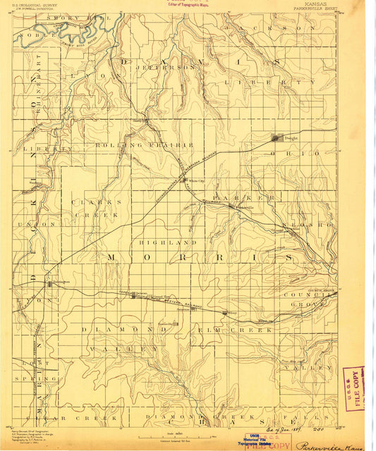 Historic 1889 Parkerville Kansas 30'x30' Topo Map Image
