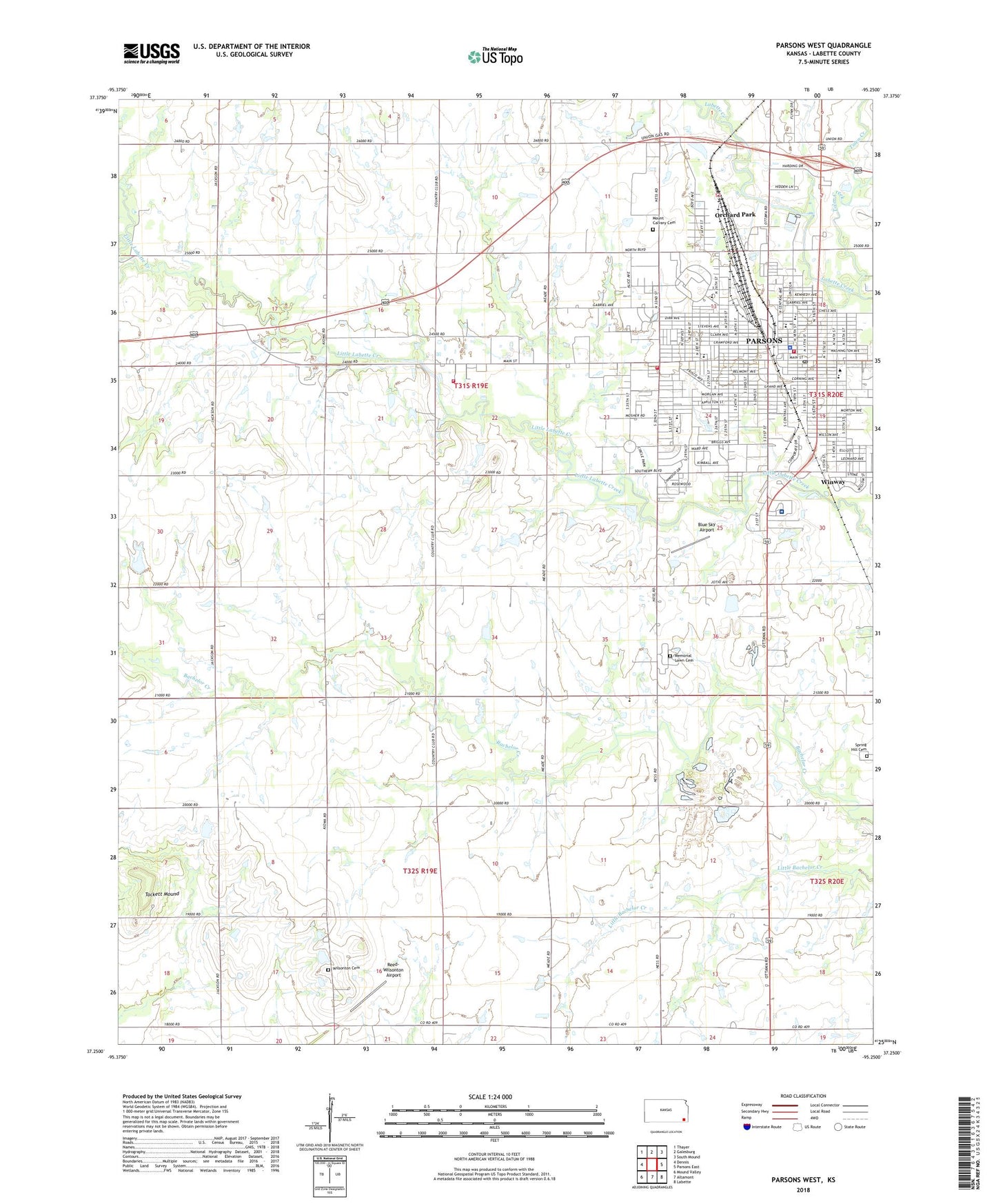 Parsons West Kansas US Topo Map Image