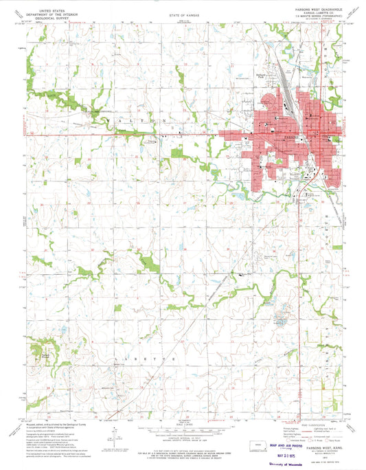 Classic USGS Parsons West Kansas 7.5'x7.5' Topo Map Image