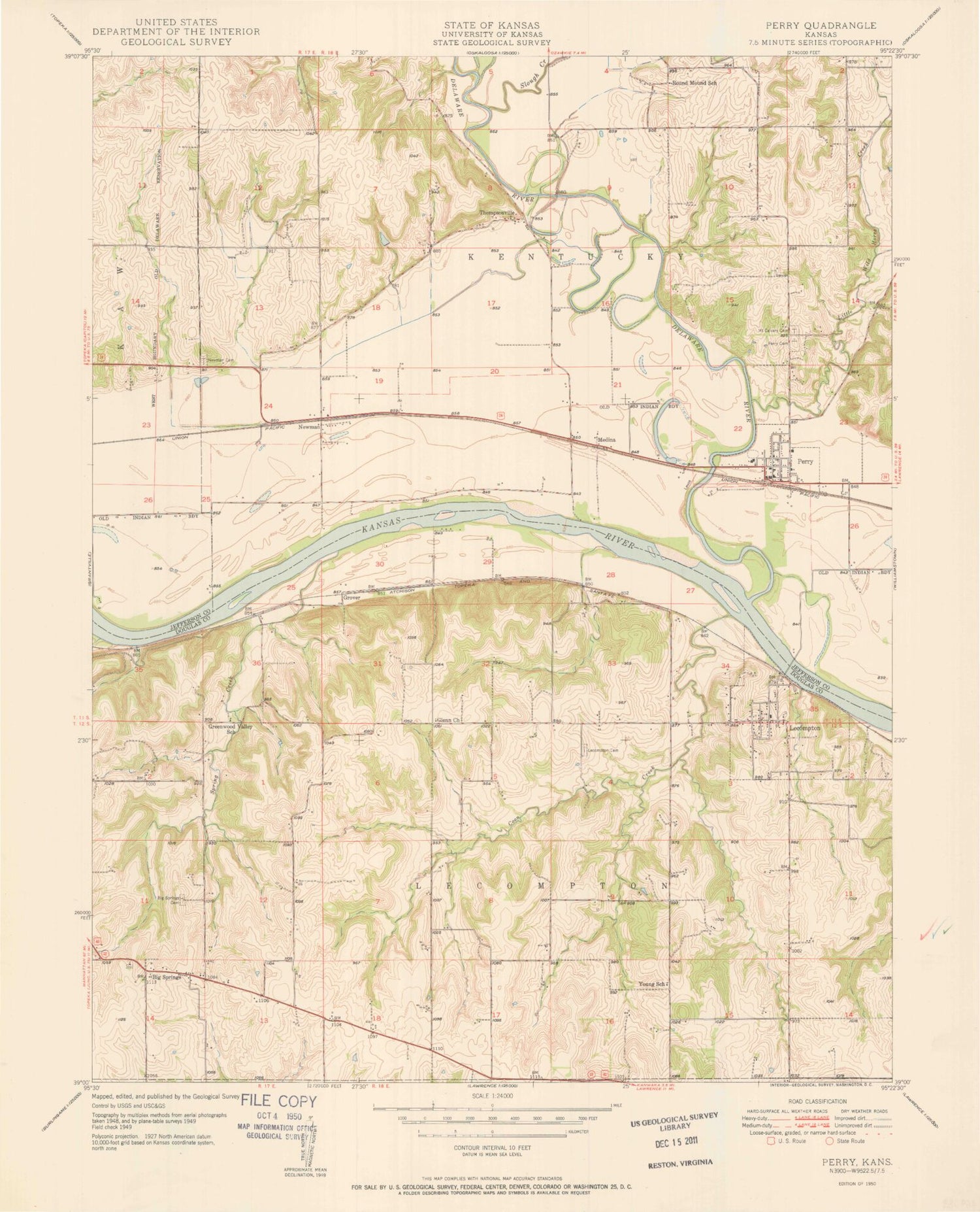 Classic USGS Perry Kansas 7.5'x7.5' Topo Map Image