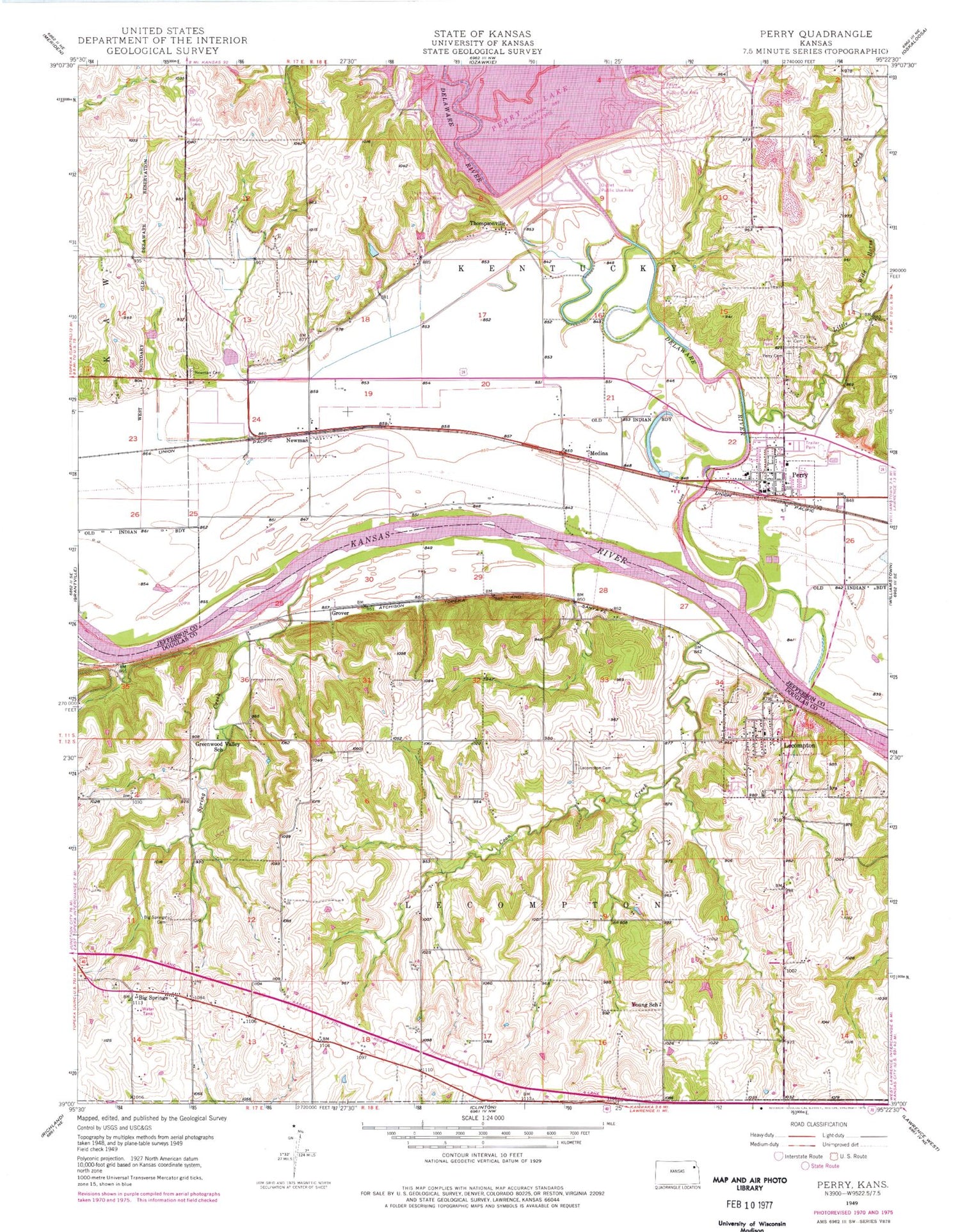 Classic USGS Perry Kansas 7.5'x7.5' Topo Map Image