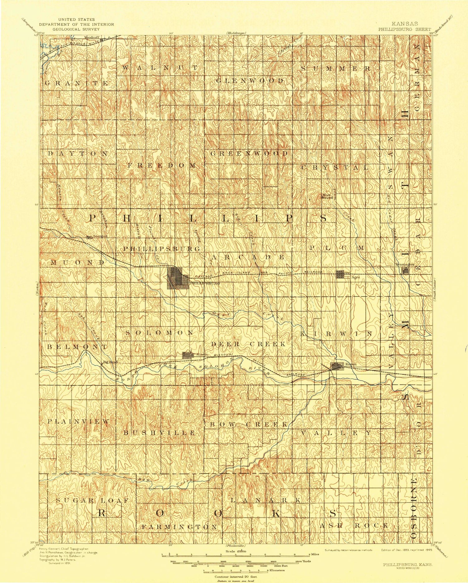 Historic 1893 Phillipsburg Kansas 30'x30' Topo Map Image