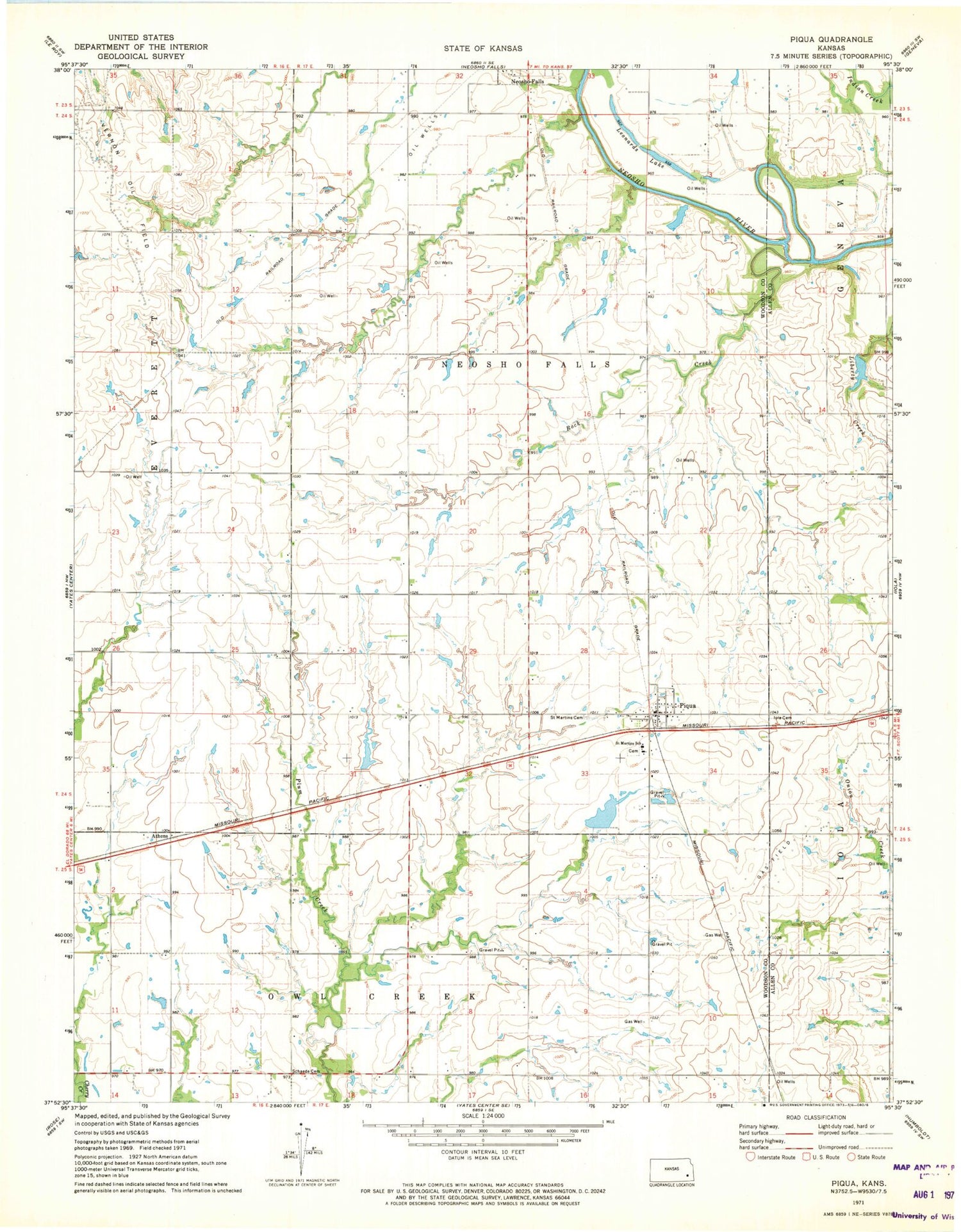 Classic USGS Piqua Kansas 7.5'x7.5' Topo Map Image