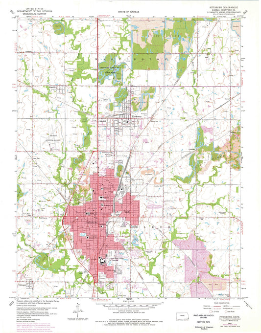 Classic USGS Pittsburg Kansas 7.5'x7.5' Topo Map Image