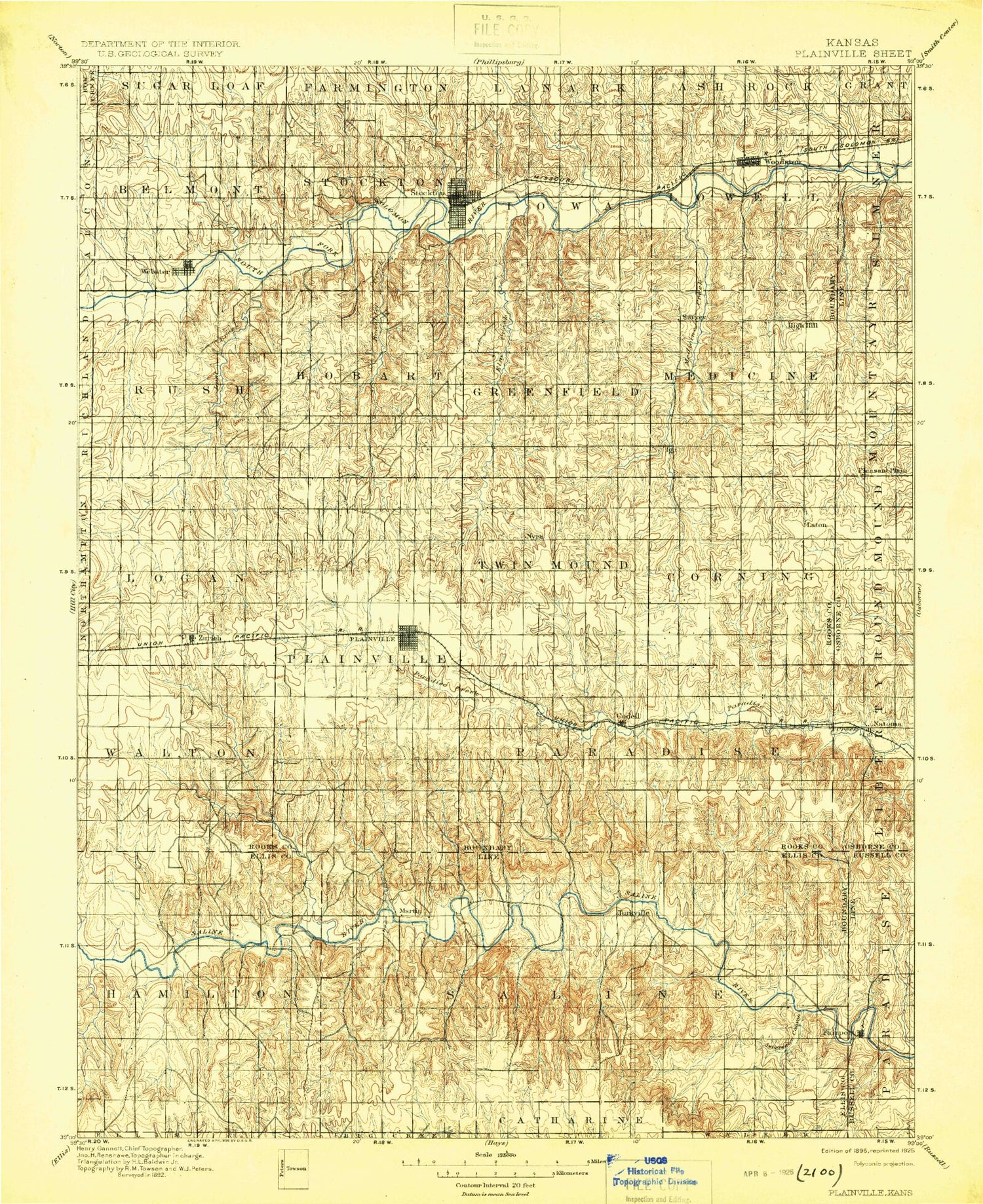 Historic 1896 Plainville Kansas 30'x30' Topo Map Image