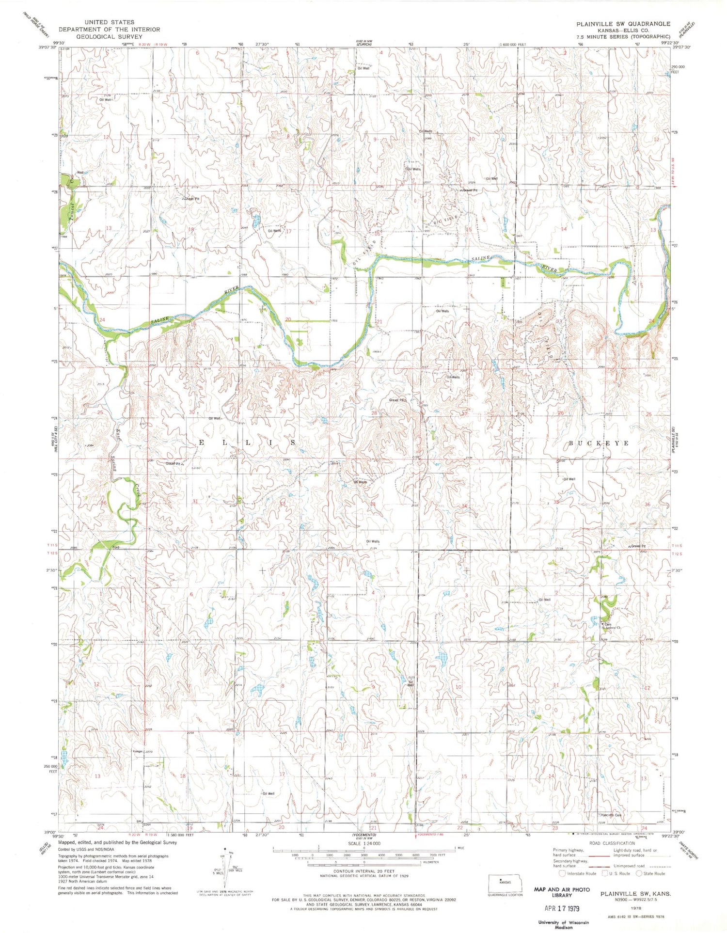 Classic USGS Plainville SW Kansas 7.5'x7.5' Topo Map Image