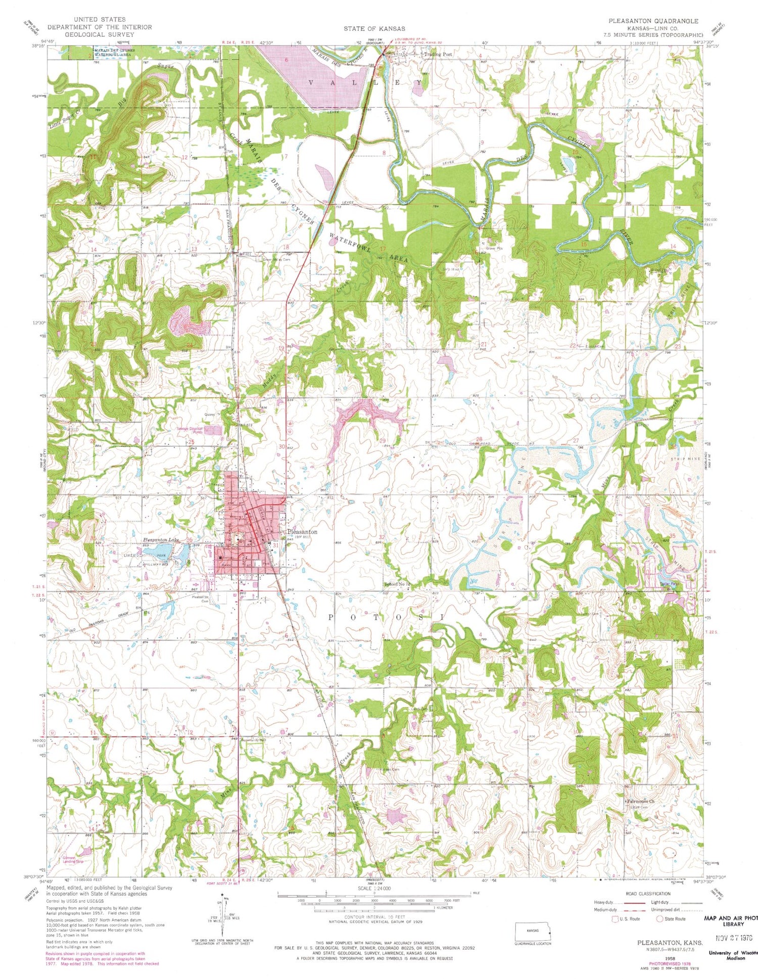Classic USGS Pleasanton Kansas 7.5'x7.5' Topo Map Image
