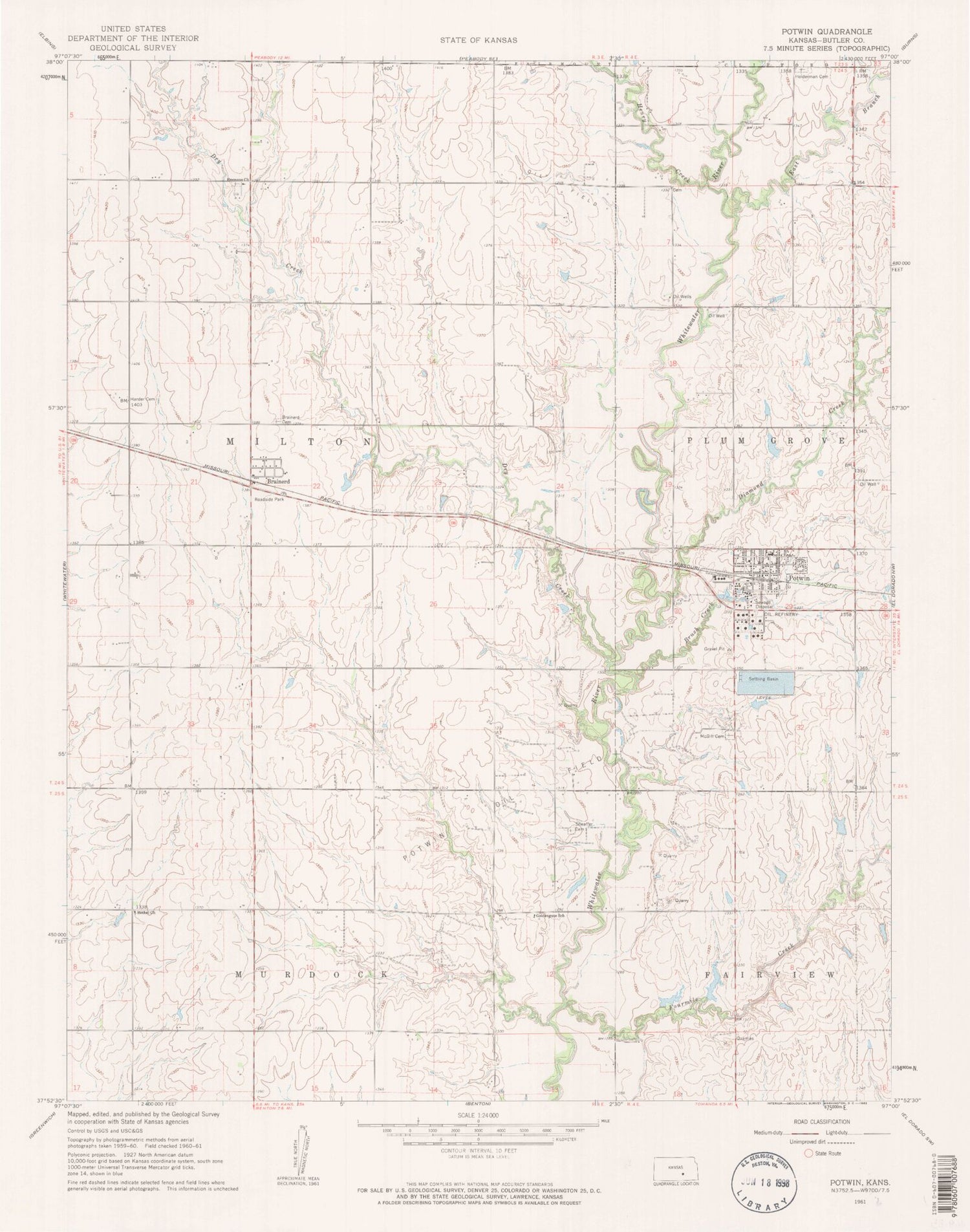 Classic USGS Potwin Kansas 7.5'x7.5' Topo Map Image