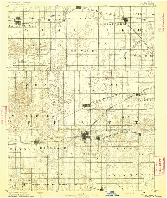 Historic 1892 Pratt Kansas 30'x30' Topo Map Image
