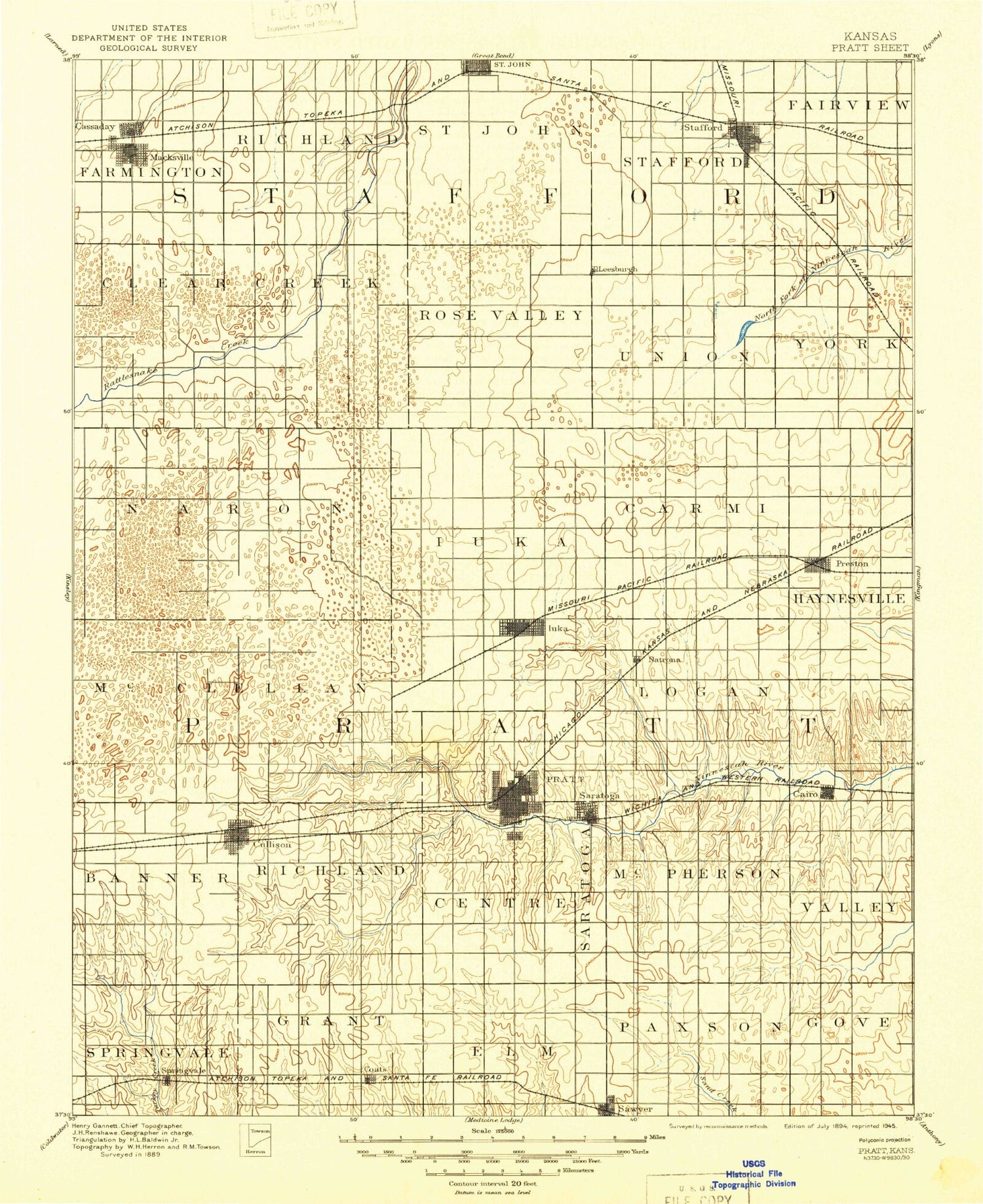 Historic 1894 Pratt Kansas 30'x30' Topo Map Image