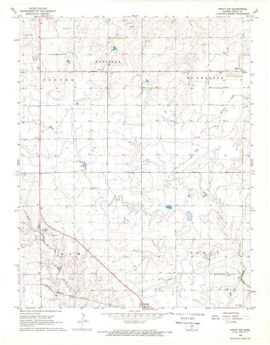 Classic USGS Pratt SW Kansas 7.5'x7.5' Topo Map Image