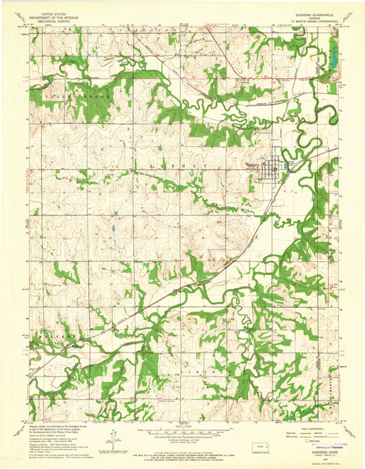 Classic USGS Quenemo Kansas 7.5'x7.5' Topo Map Image