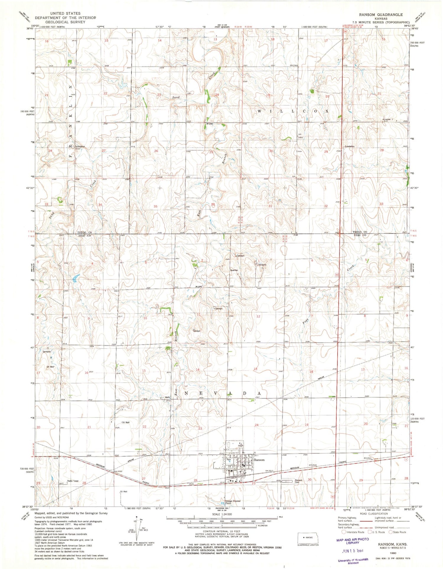 Classic USGS Ransom Kansas 7.5'x7.5' Topo Map Image