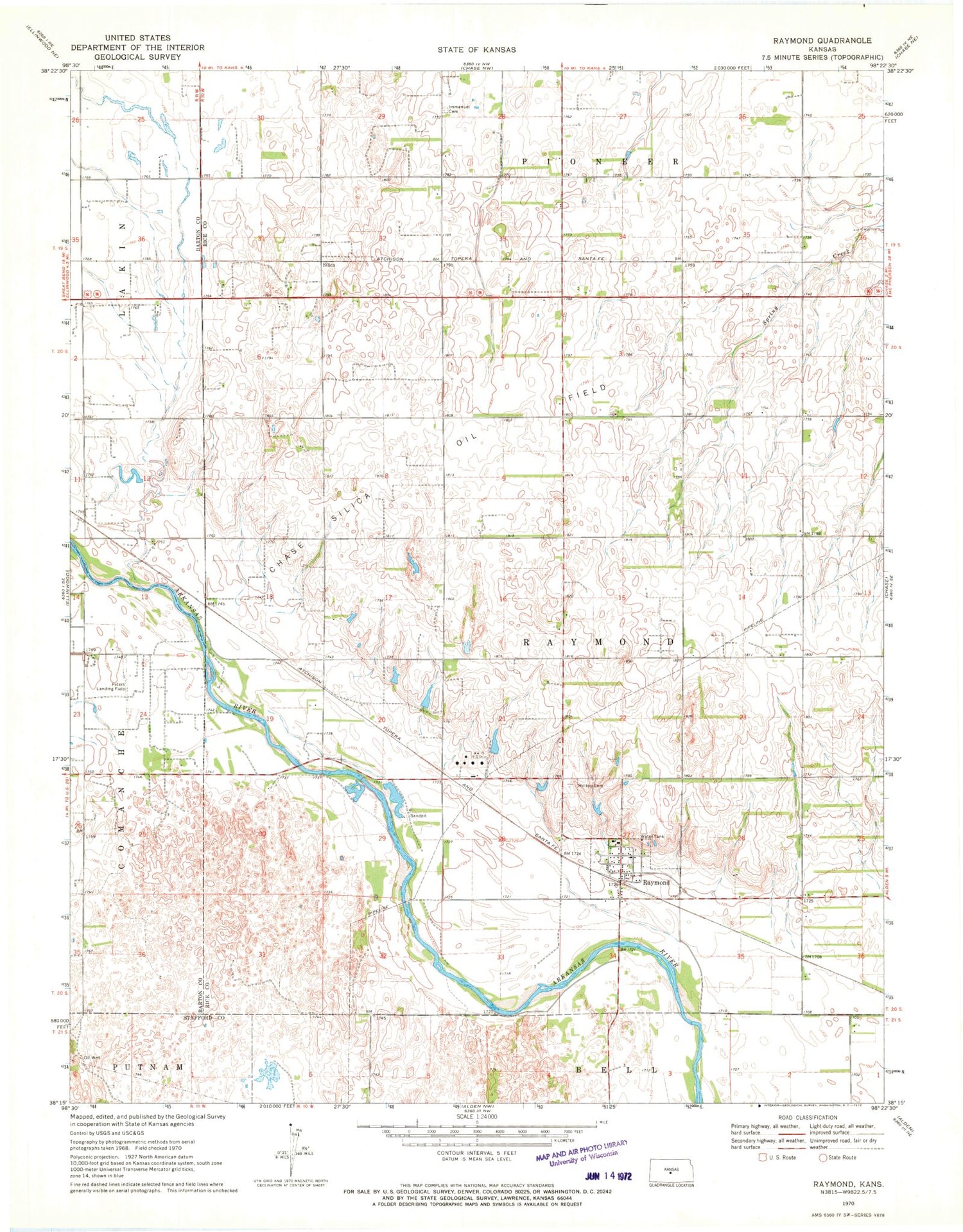 Classic USGS Raymond Kansas 7.5'x7.5' Topo Map Image